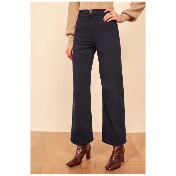 Reformation Women's Jane Wide Leg Pants Navy Blue Size 27 High Rise Stretch - Picture 1 of 13